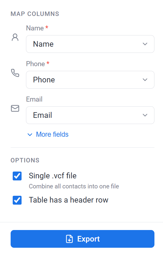 Excel to vCard converter interface