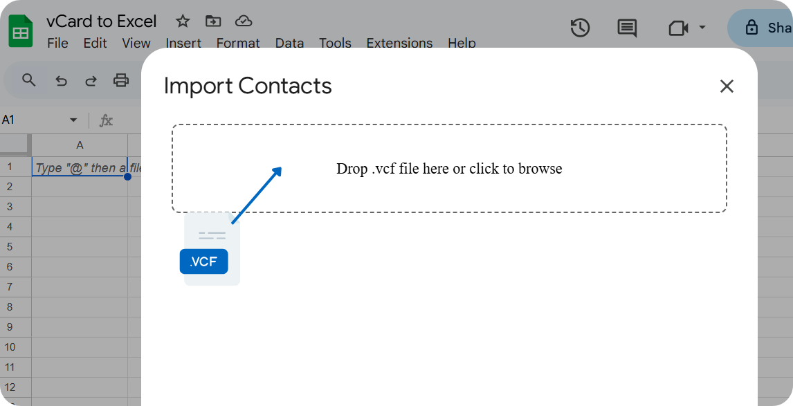 vCard to Excel import interface